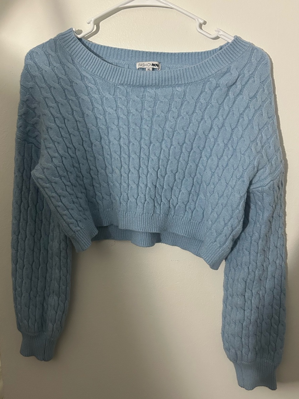 Fashion Nova Sky Blue Cropped Cable Knit Sweater